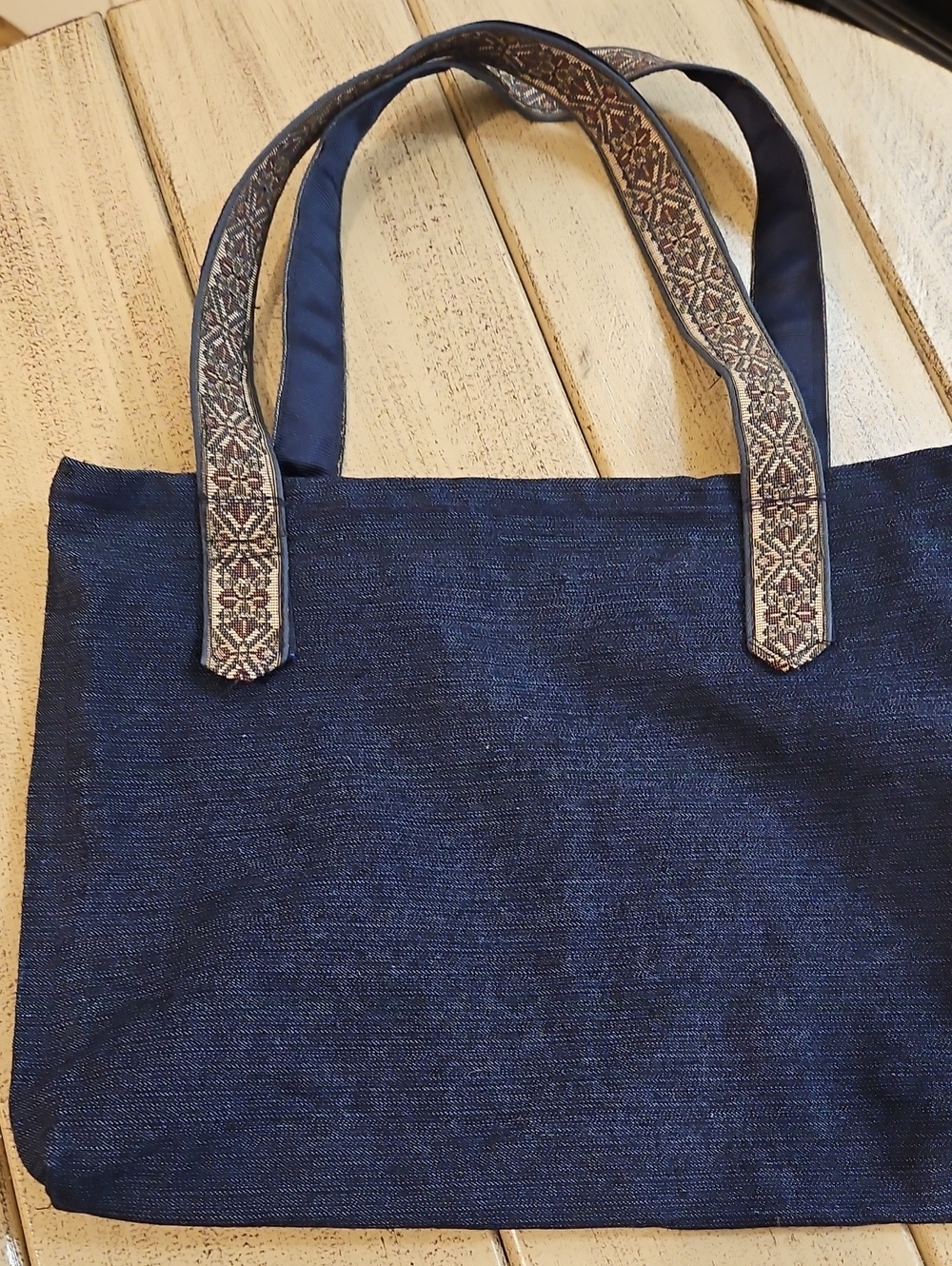 Navy Blue Fabric Tote Bag with Patterned Straps